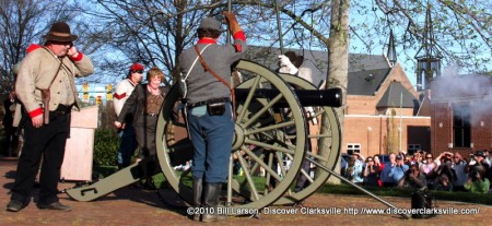 Montgomery County Mayor Carolyn Bowers fires off the canon at the Sesquicentennial kick-off in Montgomery County on April 6th 2010.