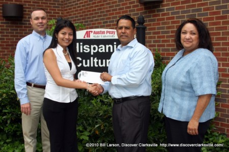 Victor Felts, Myra DeCaba, Pastor Tommy Vallejos, and Elizabeth Valdez-Adamski at the scholarship presentation