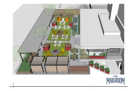 Rendering of extensive patio seating 140 guests at The Mailroom.