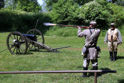 Musket firing demonstration at the March to the Past event at Fort Defiance Civil War Par. (Mark Haynes, Clarksville Online)