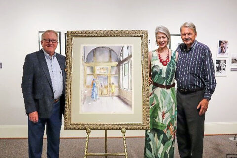 Executive Director Frank Lott stands with the Flying High 2022 Signature Artwork, artist Kitty Harvill and husband, Christoph.