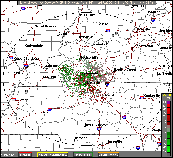 Storm Relative Motion Weather Radar Loop for Clarksville TN, Fort Campbell KY, and Montgomery County Tennessee